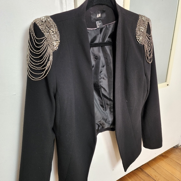 Rare H&M Black Beading Fringe Tassel Shoulder Badges Suit Jacket Co ord Set. - Picture 11 of 17